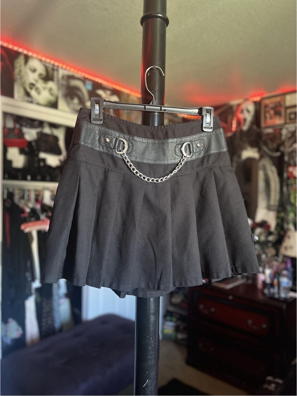 Royal Bones Black Pleated Mini Skirt with Chain